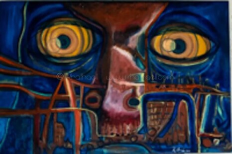 Óleo sobre madera titulada La palabra azul del artista Rhafhaell Jurado