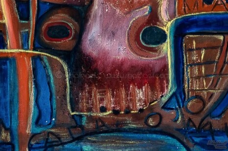 Óleo sobre madera titulada La palabra azul del artista Rhafhaell Jurado detalle 2