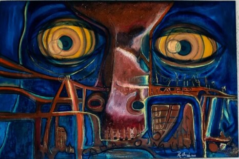 Óleo sobre madera titulada La palabra azul del artista Rhafhaell Jurado detalle 3